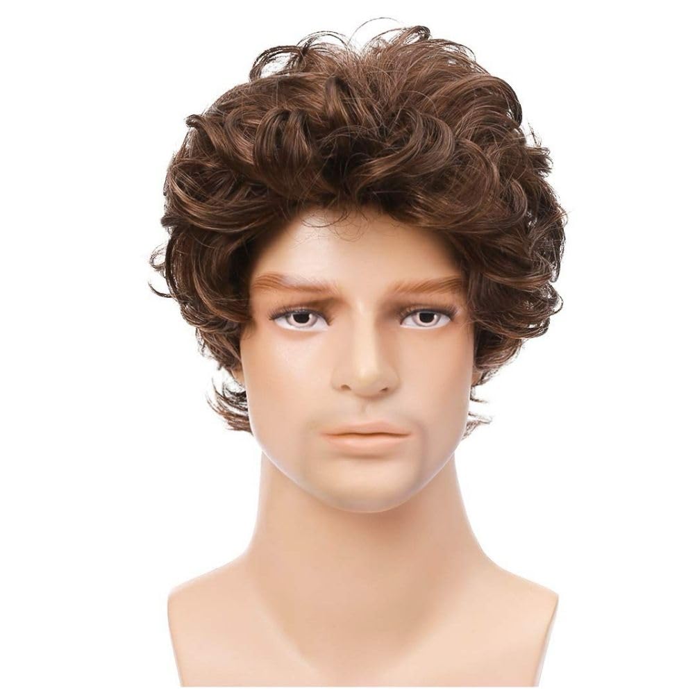 Siudus Brown Curly Wigs for Men Short Layered Synthetic Fiber Hair Wig for Daily Party Use, DarkBrown - Image 2