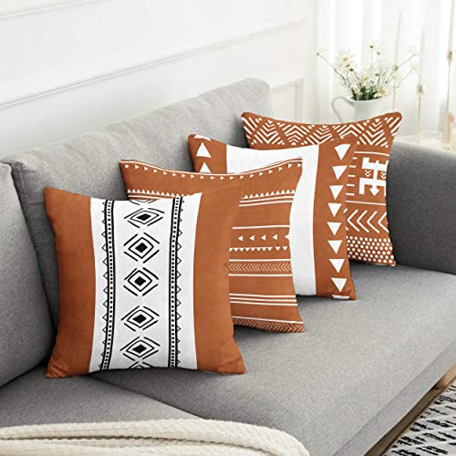 Realhomes Set Of 4 Native American Farmhouse Pattern Square Cushion Cover - Pack 4 Nordic White Throw Pillowcase - Scandinavian Themed Brown Decorative Accent Pillow Cover - 18X18 Inc #TOP2