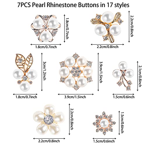 Qxuji Pearl Rhinestone Buttons, Gold And Silver Flower Flatback Button, Crystal Rhinestone Embellishments Brooch Pins, For Jewelry Making Diy Crafts, Wedding Bouquet, Home Decoration, 17 Pieces #TOP1