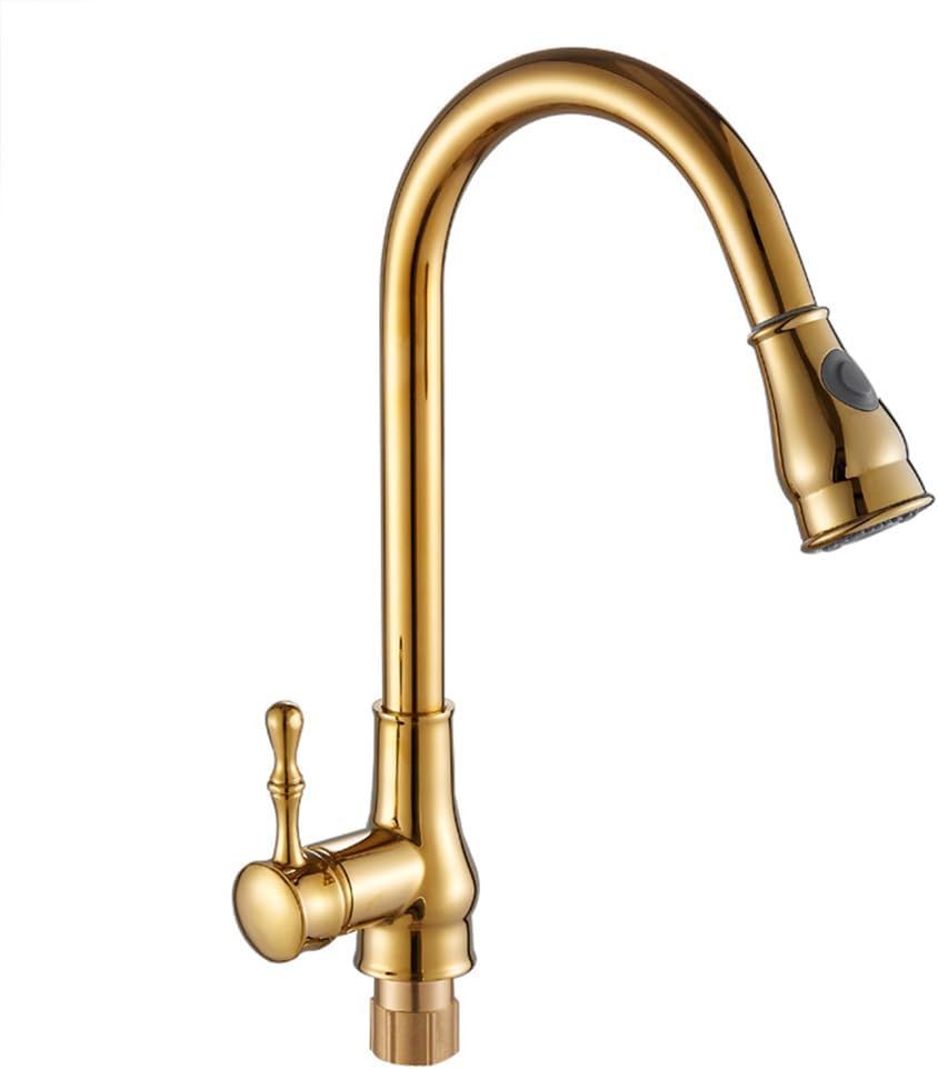 Kitchen Tap with Pull Out Spray High Arc Pull Down Kitchen Sink Mixer Taps with 2 Spray Mode, Brass Single Lever 360° Swivel Commercial Kitchen Faucet, 1 Hole, Gold