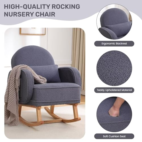 Image of Nursery Rocking Chair with Ottoman, Upholstered Glider Rocker with High Backrest and Side Pocket, Rocking Accent Armchair with Solid Wood Legs for Nursery, Living Room, Bedroom Dark Grey