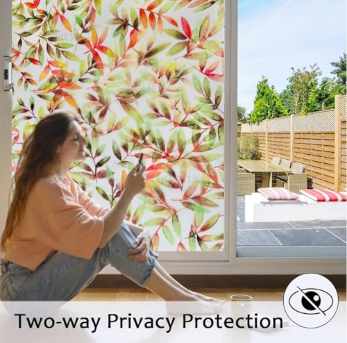 Image of HOME13 Window Privacy Film Frosted Glass Film Decorative Window Sticker Removable Window Film Home Office Privacy Film Window Coverings (Rowan Leafs, 2 Feet by 15 Feet)