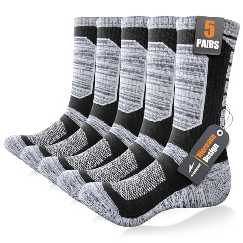 Image of Niorasen Full Cushion Work Socks, 5 Pairs Hiking Socks, Black, 12-14