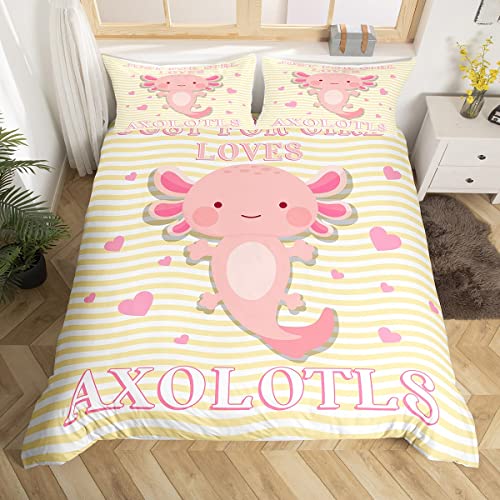 Axolotl Comforter Cover Gift For Girls Women Cartoon Axolotls Duvet Cover Double Size Room Decor Cute Fish Decor Bedding Set Kids Kawaii Animal Pet Reptile Geometric Stripes Quilt Cover Yellow