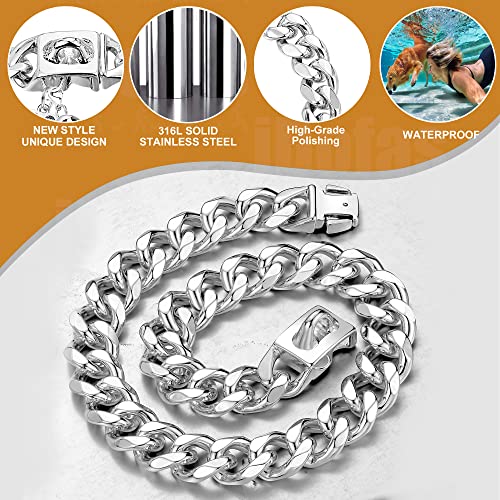 Image of Dog Chain Collars Stainless Steel Dog Collar 15mm Cuban Link Dog Collar Metal Dog Chain with Snap Buckle Dog tag for Puppy Small Dogs(12 inch)