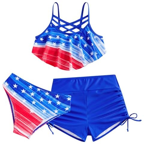 Taubow 4th of July American Flag Independence Day Girls Swimsuit Size 11-12 Bathing Suit with Shorts 3 Pieces Bikini Set Hawaii Swimwear Quick Dry Cover