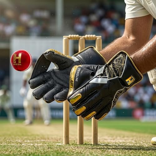 Image of Heega Intense Black PU Leather Cricket Wicket Keeping Gloves Suitable for Professional Players | Durable Construction, Superior Grip, High-Density Finger Protection (Men)
