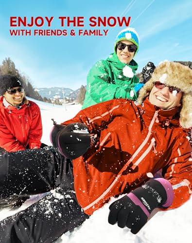 AXEVMEN Guantes de invierno impermeables para esquí y nieve para mujeres y hombres (rojo rosa, talla L) - imagen 7