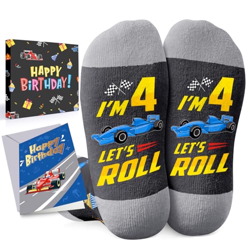 HAPPYPOP 4th Birthday Gifts Socks Ideas - Four Year Old Gifts with Birthday Greeting Card, Presents for 4 Year Old Boys Age 4