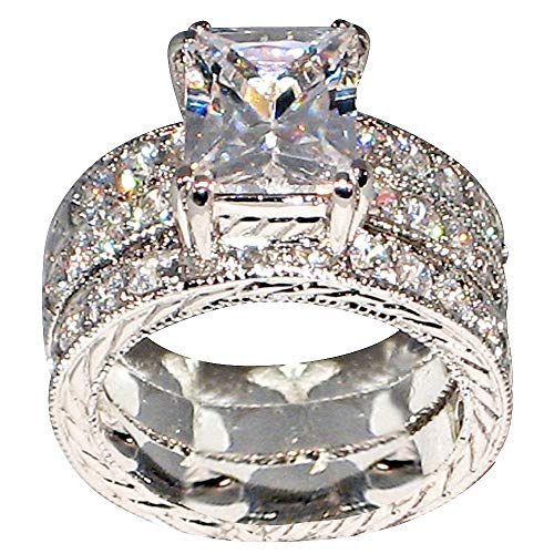 Regal 3.9 Ct Emerald-Shape Milgrain Cubic Zirconia Cz Bridal Engagement Wedding Ring Set (Center Stone is 3 Cts)