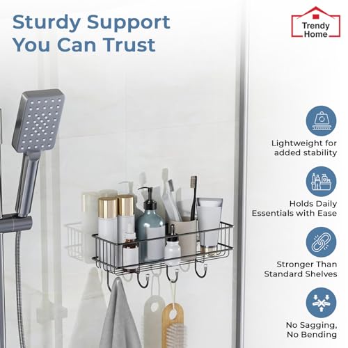 Image of Trendy Home Self Adhesive Bathroom Shelf Organiser, Drill-Free Wall Rack | with Magic Stickers & 4 Hooks, Rust-Proof Storage Shelf for Bathroom, Black