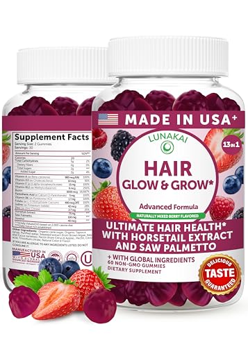 Image of Lunakai USA Made Super Hair Gummies with Biotin, Zinc, Horsetail Extract & Saw Palmetto - Hair Growth Vitamins for Women & Men - Supports Thicker, Longer, Stronger Tresses, Skin & Nails, 60ct