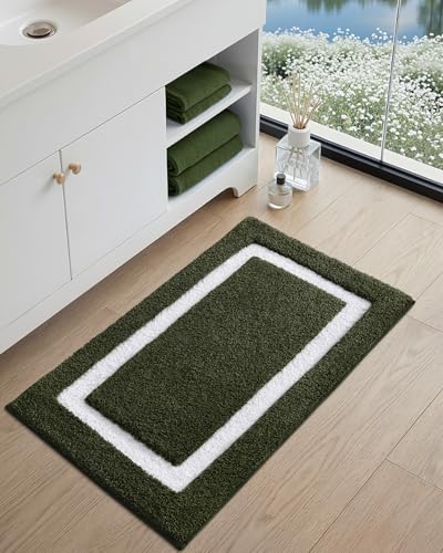 Image of Color&Geometry Green Bathroom Rugs 36x24, Extra Soft Absorbent Microfiber Bath Rugs, Non-Slip Bathroom mat, Washable Plush Bath Mats for Bathroom, Shower, Bathtub, Laundry, Green White
