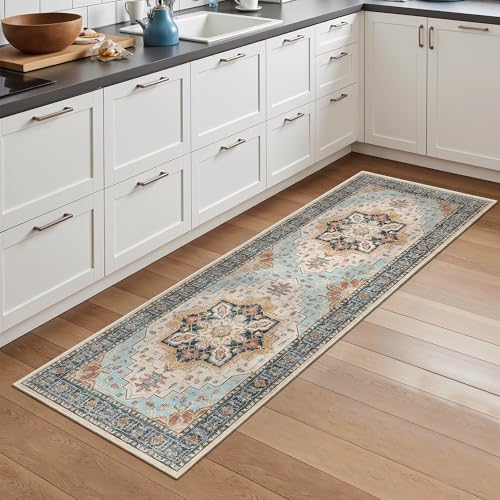 Madane Washable Runner Rug - 2x6 Rug Runners for Hallways 6 Foot Non Slip Vintage Kitchen Runner Rug Ultra-Thin Bathroom Runner Rugs Carpet Laundry Room Bedroom (2x6ft, Orange/Blue)
