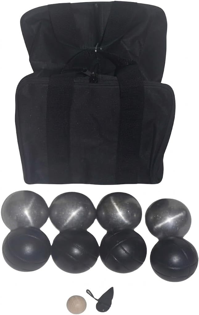 BuyBocceBalls Listing - 73mm Metal Bocce/Petanque Set with 4 Black and 4 Grind Sand Balls and Heavy Duty Black Nylon Bag - Single