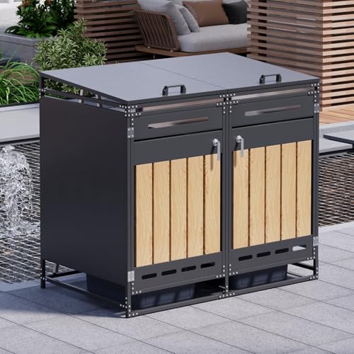 Abri pour poubelles avec Couvercle hydraulique, Habillage Vertical Aspect Bois, aération à Fentes oblongues, Armoire de Rangement de Jardin en Fer avec...