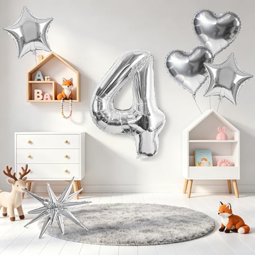 Image of TONIFUL 4th Birthday Balloons Kit 40Inch Silver Large Number 4 Foil Balloon | with 18Inch Helium Mylar Heart Star Balloons for Kids Women Men Birthday Anniversary Graduation New Year Eve Party Decoration