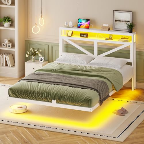 AOGLLATI Schwebendes Bettgestell 140×200 mit LED-Beleuchtung und Ladestation Floating Bed Frame mit Staukopfteil Metallbett mit Lattenrost aus Metall...
