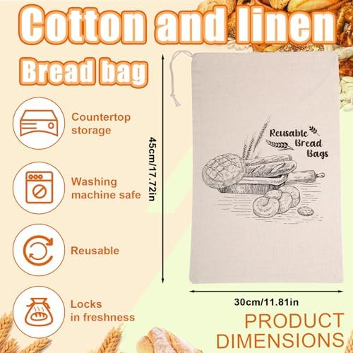 2pcs Unbleached Bread Bags, Reusable Cotton Bread Bags Washable Linen Cloth Bread Bags Waterproof Linen Bread Storage Bags for Sourdough Bread Croissant Bagels Toast
