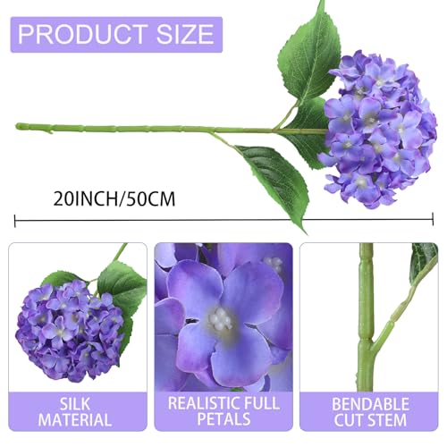 6PCS Large Silk Hydrangea Flowers, 20 In Full Faux Hydrangea Artificial Flowers with Stem Leaves for Fake Huge Bouquet Home Kitchen Wedding Party Wreath Xmas Centerpieces Arrangements (Purple)