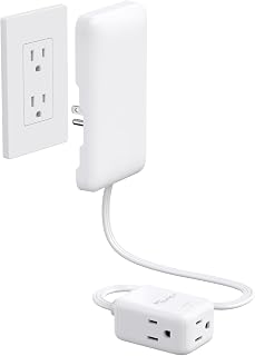 1.5FT Short Flat Extension Cord with 3 Outlets, Flat Wall Plug & Ultra-Thin Outlet Cover, ETL Listed, 13A/1625W, 900J Surge Protection, White Outlet Extender Plug Behind TV, Couch, Furniture