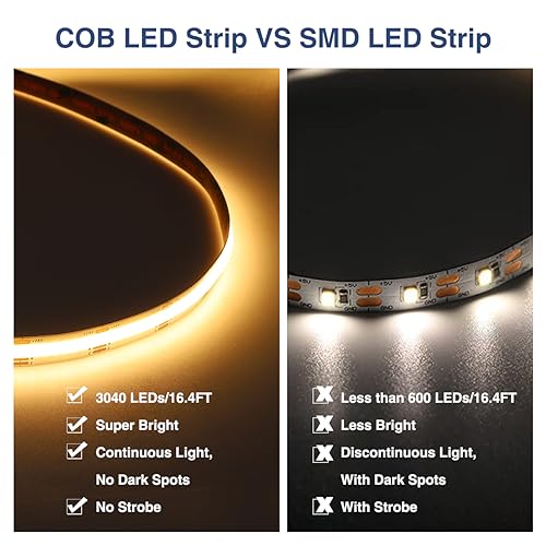 Image of COB LED Strip Light White Dimmable 16.4FT 24V 2700K-6500K, COB Light Strip Tape with RF Remote 3200 LEDs CRI93+ for Kitchen Under Cabinet Bedroom Mirror Indoor Home Daylight Warm White