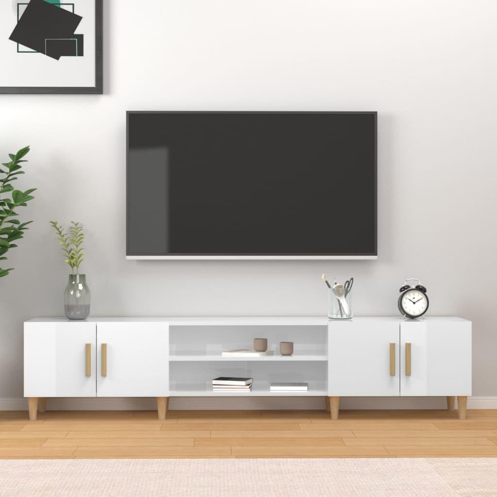 Mobile TV bianco lucido in legno 180 x 31,5 x 40 cm con 4 scomparti e ante, credenza bassa per soggiorno, camera da letto, scaffale per ricevitore HiFi, soundbar