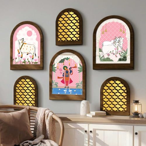 Image of Jharokha MDF Mirror for Home Decor | MDF Traditional Mirrors for Home Decoration | Wall Mirror Decor Hanging for Living Room Bedroom Office Set of 6 (9x12 inch & 7.5x9.5 inch)