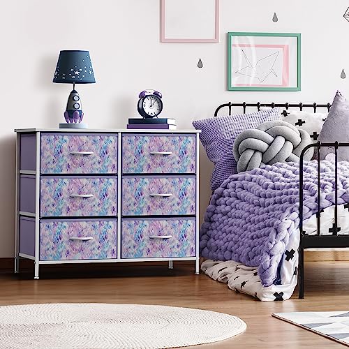 Sorbus Kids Dresser with 6 Drawers - Storage Chest Organizer Unit with Steel Frame, Wood Top & Handles, Tie-dye Fabric Bins for Clothes - Wide Furniture for Bedroom Hallway Kids Room Nursery & Closet