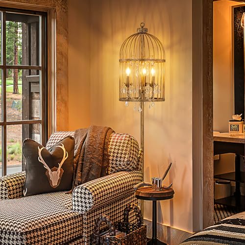 Wellmet Bronze Floor Lamp for Living Room, Farmhouse Floor Lamps for Bedroom, Vintage Bird Cage Iron Art Standing Lamp Unique Crystal Floor Lamp for Corner Decorative