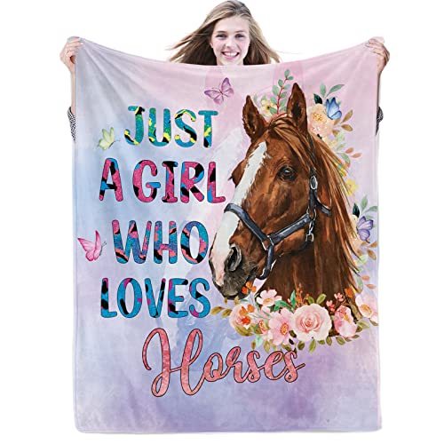 Just a Girl Who Loves Horses Blanket for Girls Horse Flower Throw Blankets Gifts for Kids Light Pink Purple Warm Lightweight Flannel Fleece Blanket for Sofa Couch All Season 101cm x 127cm