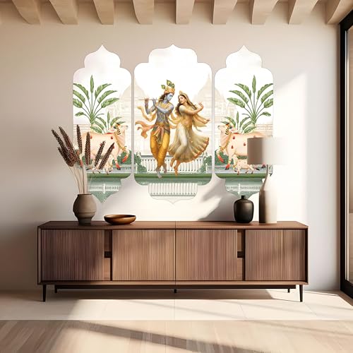 Image of DESIGN YAAR Radha Krishna Traditional Pichwai Wall Mural, Set of 3, 60L x 48W Inch