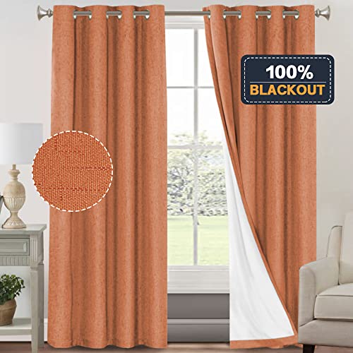 Image of PrinceDeco Linen Blackout Curtains 84 Inches Long 100% Absolutely Blackout Textured Window Curtains for Living Room Energy Saving with White Liner,Anti-Rust Grommet, Orange,2 Panels