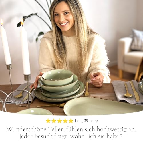Steingut Geschirrset 6 Personen Rustic 24 tlg. TESTSIEGER, Hochwertiges Landhaussttil Steingut Geschirr Set, Schüssel- und Teller Set, Tafelservice 6 Personen, Geschirrsets Pure Living in Mintgrün