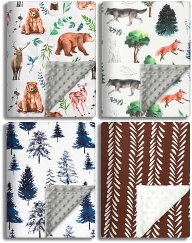 4 Pack Soft Woodland Baby Blankets（30“X40 for Unisex Girls or Boys Breathable Gender Neutral Nursery Double Layer Blankets with Dotted Backing and Animals Printed for Newborn Toddlers (Animal Print)