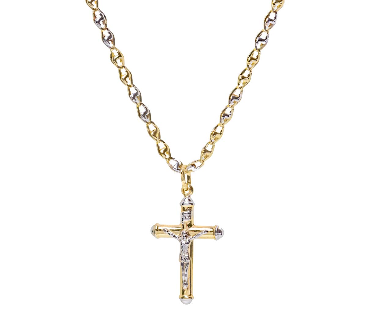 Maglione Gioielli Collana da uomo con Crocifisso in oro giallo e bianco 18kt per Battesimo, Comunione, Cresima