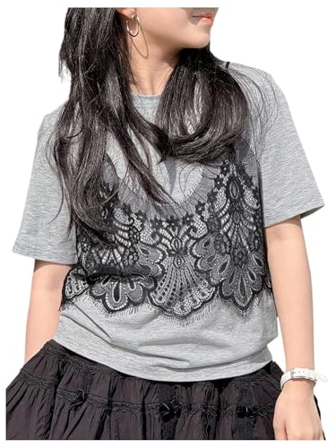 SweatyRocks Girl's Lace Crew Neck T Shirt Short Sleeve Casual Summer Tops