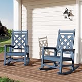 GarveeLife Outdoor Rocking Chair Set of 2, HDPE Weather Resistant Patio Rocking Chair Porch Rocker with Wood Texture & 380 LBS Support for Deck, Pool, Backyard, Navy Blue