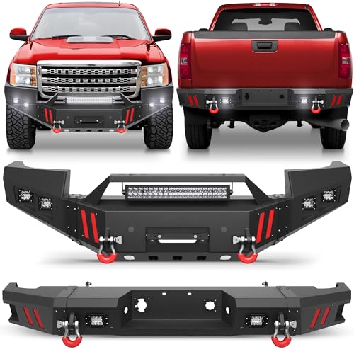 Longsun for GMC Sierra Full Width Front Bumper and Rear Bumper Combo for 2011-2014 GMC Sierra 2500/3500 HD, Textured Black Bumper Set w/Winch Plate, D-Rings, LED Lights