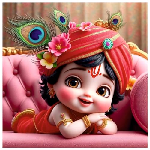 Image of Akki Wold Cute Red Krishna sleeping On Soffa With 3-Feather Wall Poster For Living Room, Office, Pooja Room (Size - 41CM X 41CM)
