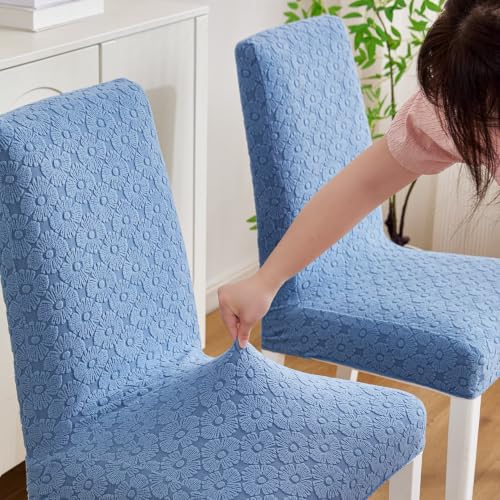 Image of HOMETHREADS Elastic Jacquard Chair Cover Stretch Removable Washable Short Dining Chair Cover Protector Seat Slipcover (D Blue, Pack of 4)