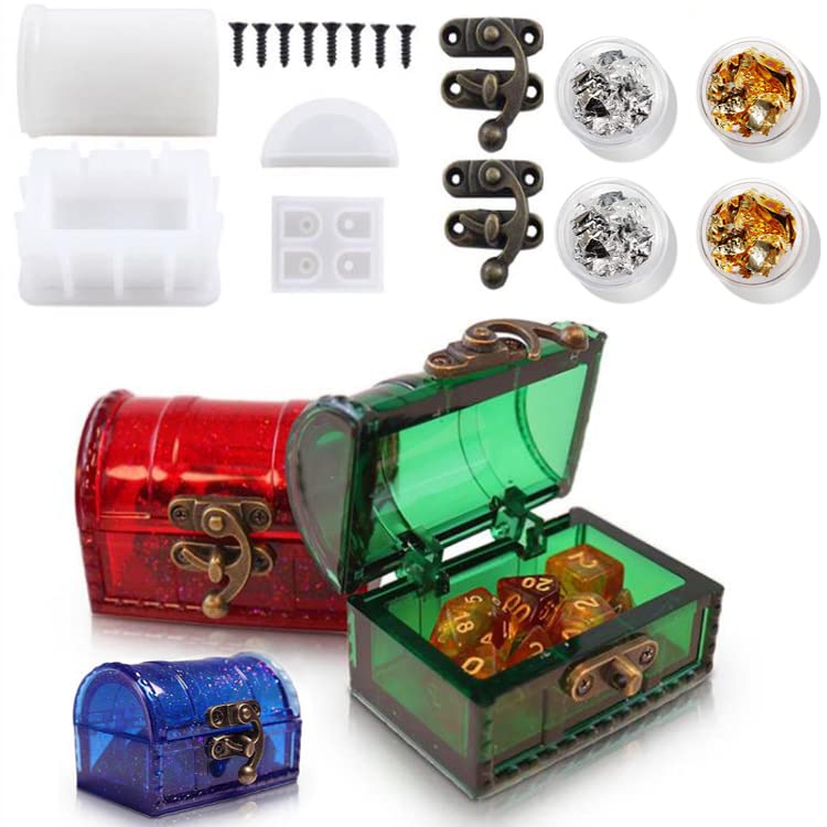 Storage Box Resin Molds with Gold Foil Flakes, Treasure Chest Box Silicone Molds for Casting DIY Jewelry Dice Candy Home Decoration, DIY Resin Epoxy Casting Craft