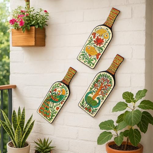 Image of GENXTRA Madhubani-art bottles Wooden Wall Hanging for Home Decor | Decoration Items for Home | Art Item for Office | Decorative Mdf Wall Hanging (BH3-06)