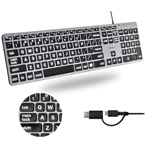 Macally Wired Keyboard for Mac (USB C + A) - Large Print and...