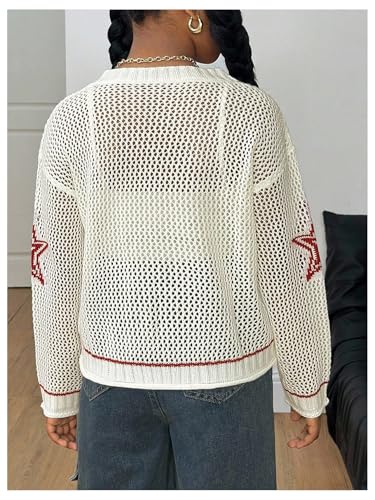 Girl's Y2K Sheer Crochet Sweater Star Number Graphic V Neck Long Sleeve Knit Pullover Sweaters2