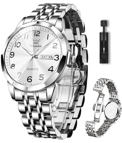 OLEVS Mens Watch, Dress Stainless Steel Analog Quartz Watches for Men with Day Date, Silver Gold Silver Two Tone Big Face Large Waterproof Luxury Casual Easy to Read Number Dial Men's Wrist Watch