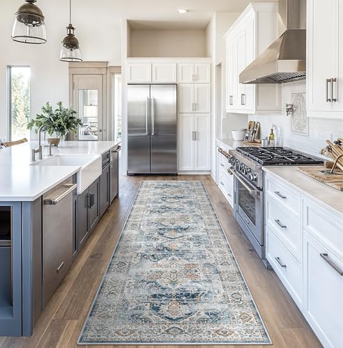Madane Hallway Runner Rug 2'6''x10' Kitchen Runner, Non Slip Vintage Runners for Hallways Washable Kitchen Rugs Soft Low Pile 2.5x10 ft Rug Runner for Laundry Room, Entryway and Bedroom, Navy