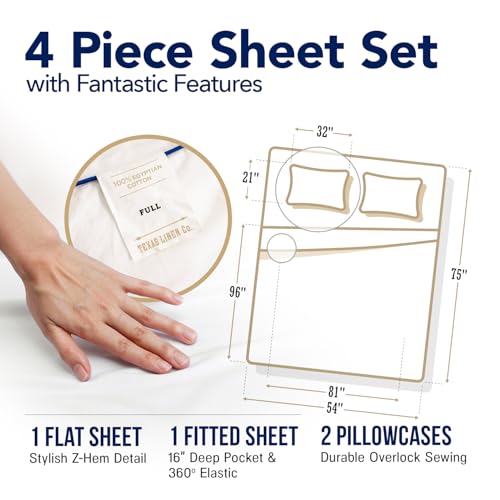 Image of TEXAS LINEN CO. 100% Egyptian Cotton Full Size Sheet Set - Luxury 1000 Series Lonestar Lovin' Damask Bed Sheets Full Size (4 PC, Light Blue Stripe), 16 inch Deep Pocket Extra Long Staple Hotel Sheets