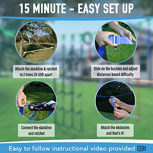 Ninja Warrior Obstacle Course for Kids - 60' Ninja Slackline Kit 13 Obstacles – Ninja Obstacle Course for Kids Backyard – Ninja Warrior Training Equipment for Kids Monkey Bars, Monkey Ladder