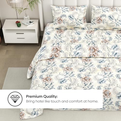 Image of Rivermoor 144 TC Cotton Bedsheet for Double Bed | Queen Size Bed Sheet with 2 Pillow Covers | Ivory & Blue Botanical Floral | 90 x 100 Inches